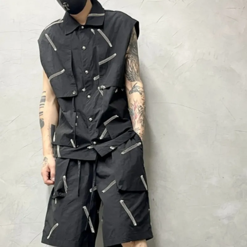 High Quality Men's Clothing Avant-Garde Dark Design Sense Stitching Ray Sleeveless Loose Shirt Fashion Vest Waistcoat