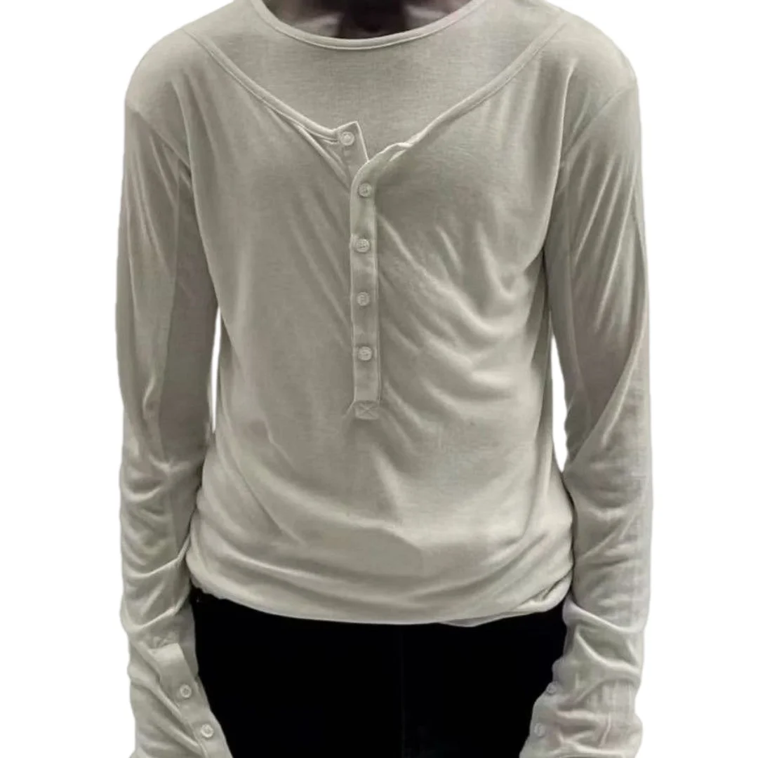 Unisex Base Layers 2026 Black White Layer Long Sleeve T-shirt Tops Buttons Design High Elastic Blend Fabric Slim Fit Basic Inner