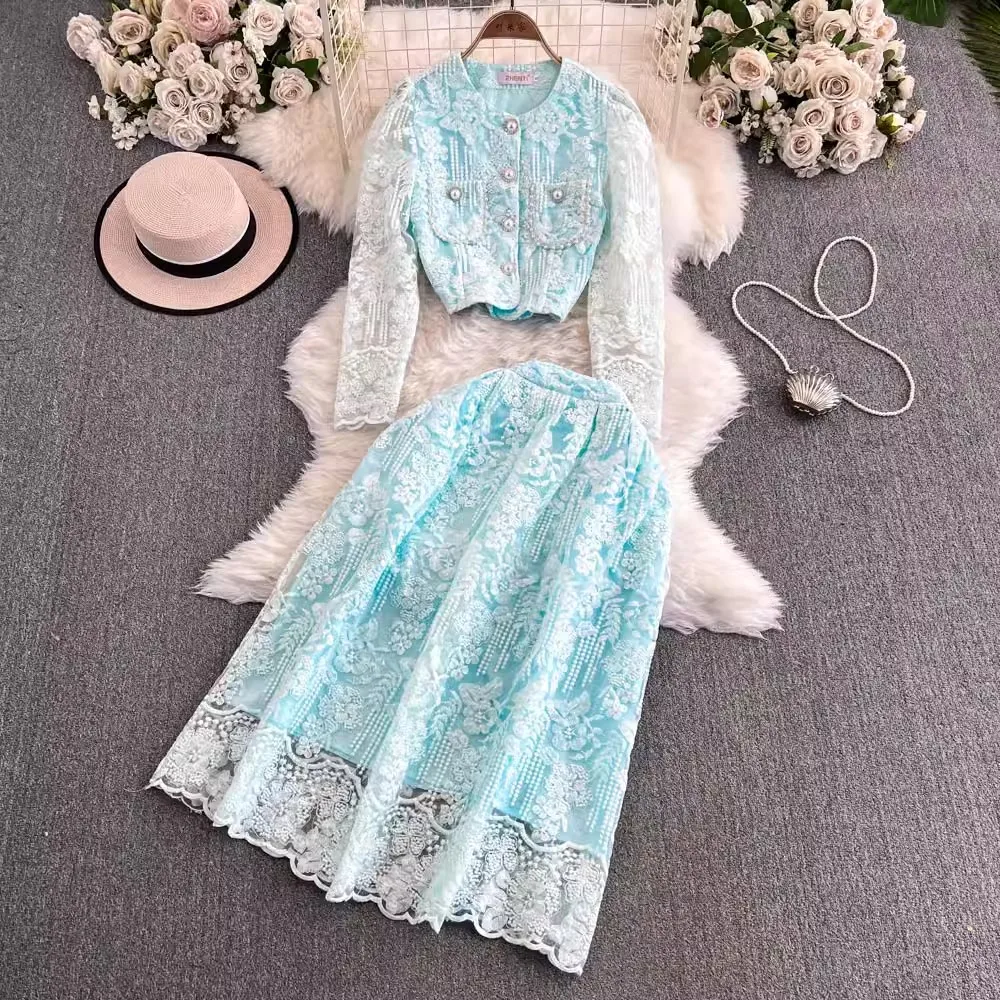 Elegant Autumn Embroidery Lace Set Two Piece Suits For Women O Neck Pearls Beaded Single Breasted Short Tops +Midi Skirt Outfits