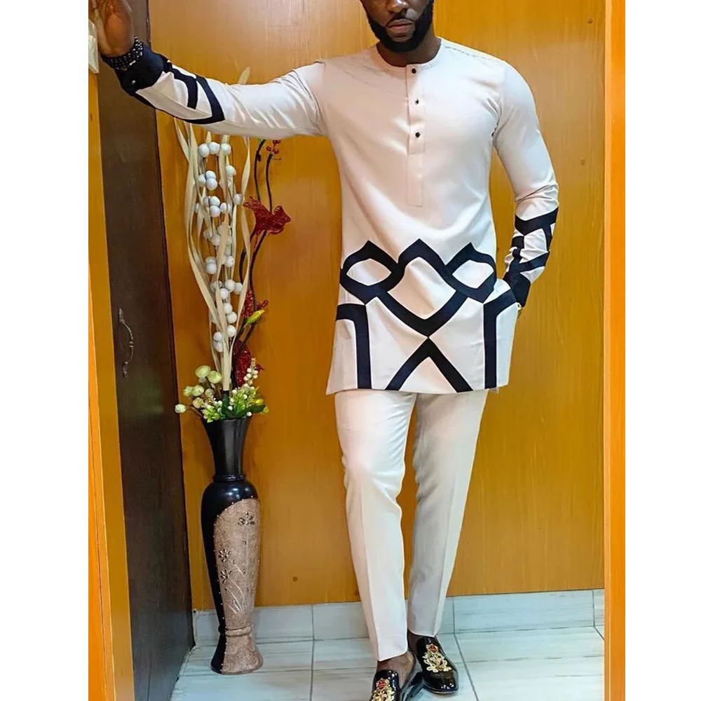 Kaftan Men Two Piece Outfit Set African Men Suit Solid Color Simple Casual Business Top and Pants Men\'s Clothing