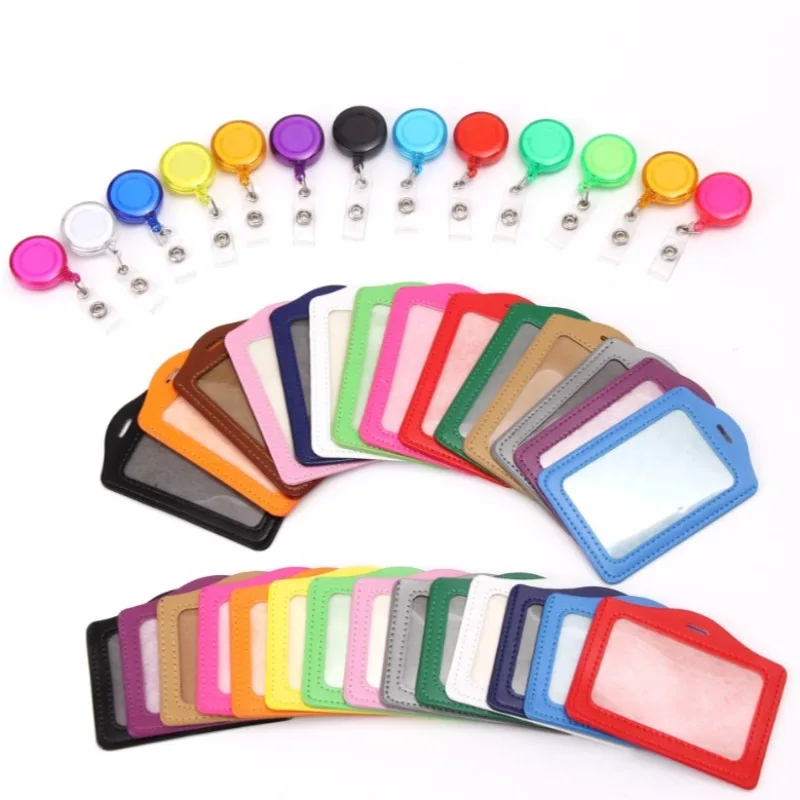 

PU Working Permit Case with Clip Solid Color ID Tag Pass Work Card Cover Sleeve Badge Holder for Staff Chest Badge Reel Clips