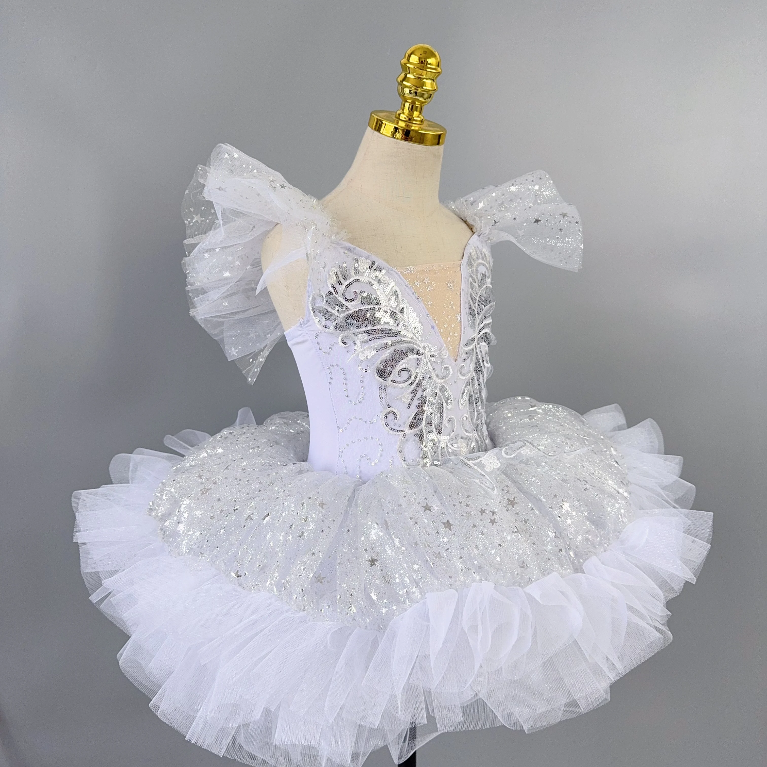 Girls White Sequined Ballet Dress Kids Ballerina Tutu Modern Dance Princess Party Performance Costume
