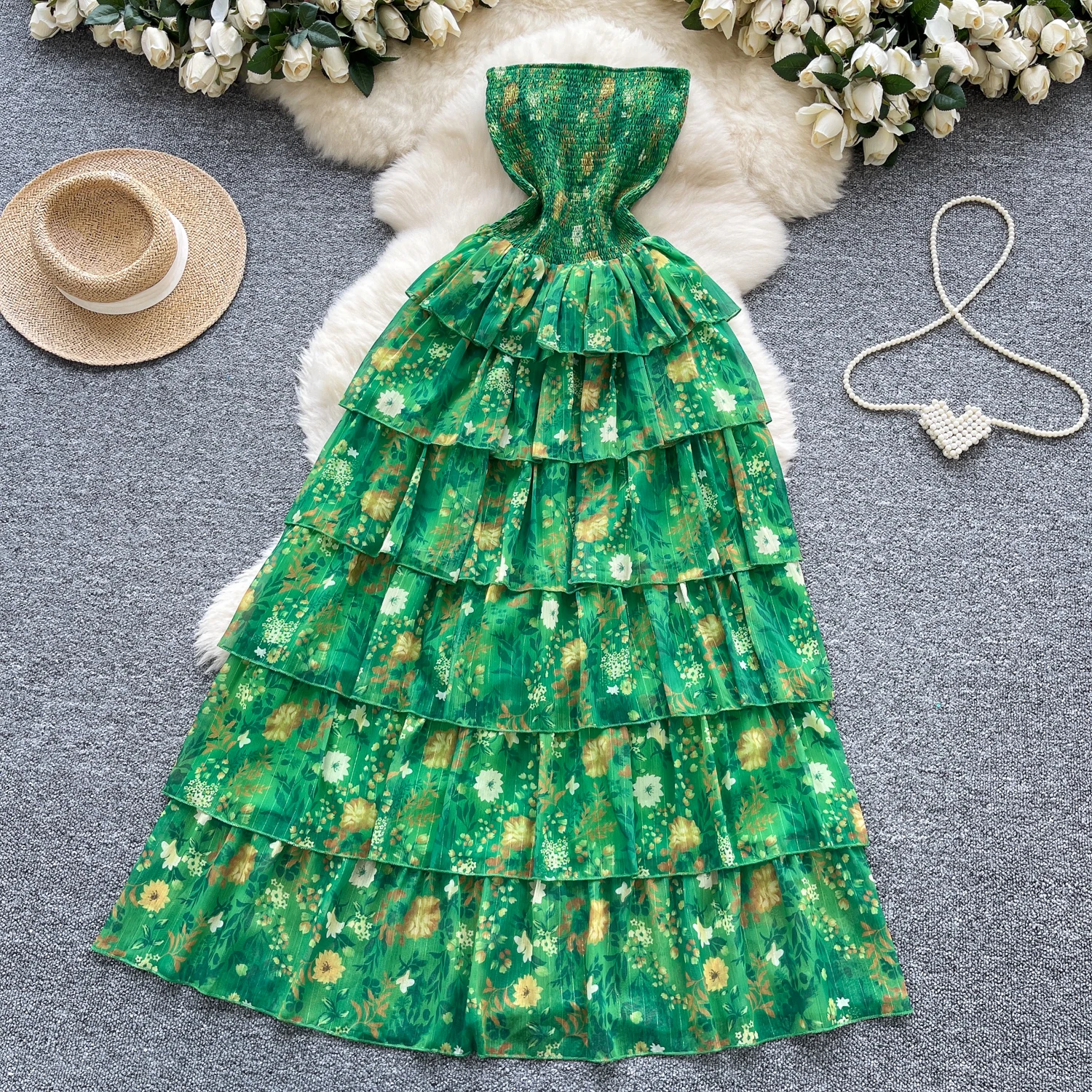 Vintage Boho plage vert robe longue femmes été sans bretelles sans manches dos nu robe à volants Sexy soirée robes d'anniversaire