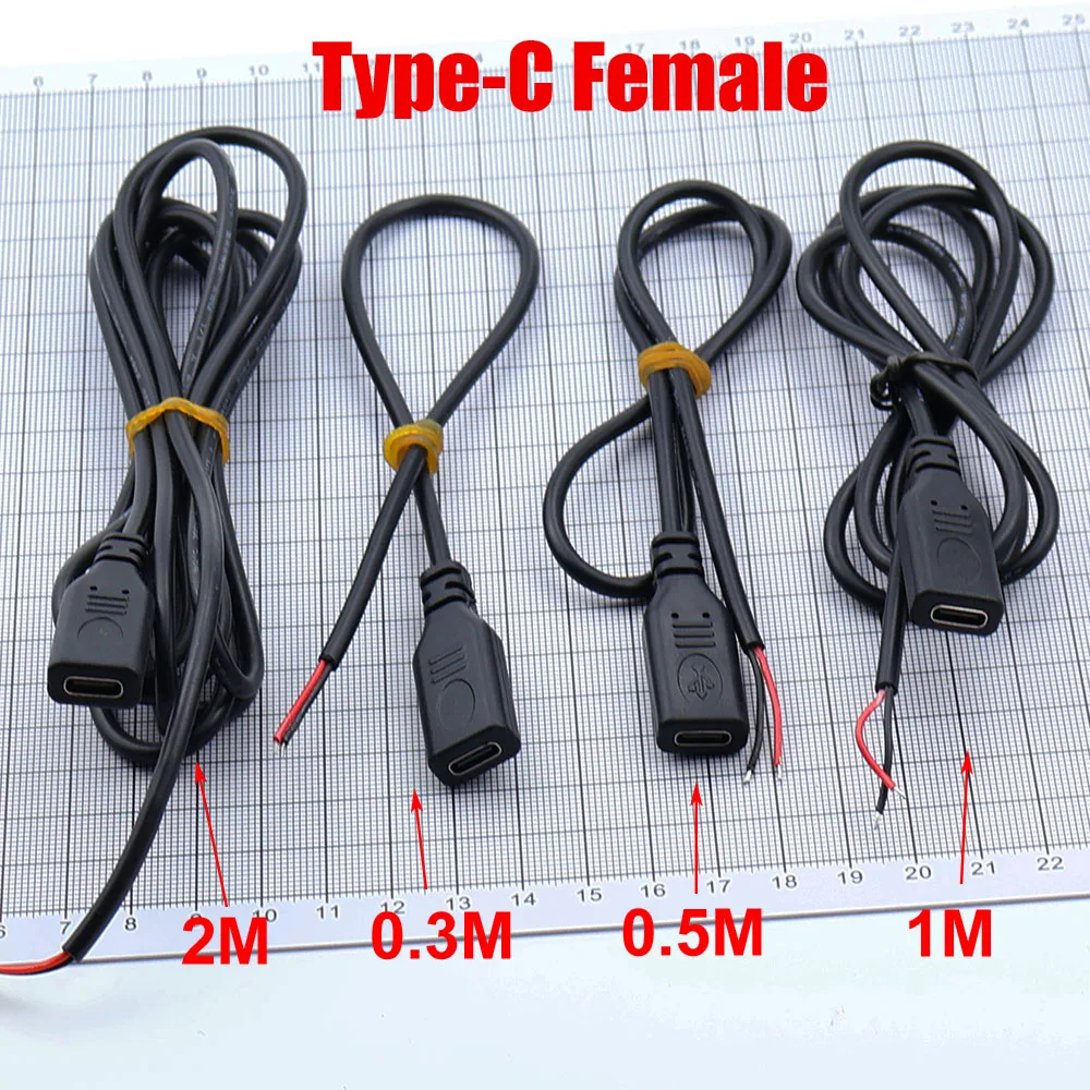 1 Piece Type-C Female Socket 0.3M/0.5M/1M/2M Power Extension Cable Charger Connector 2-pin DIY data cable