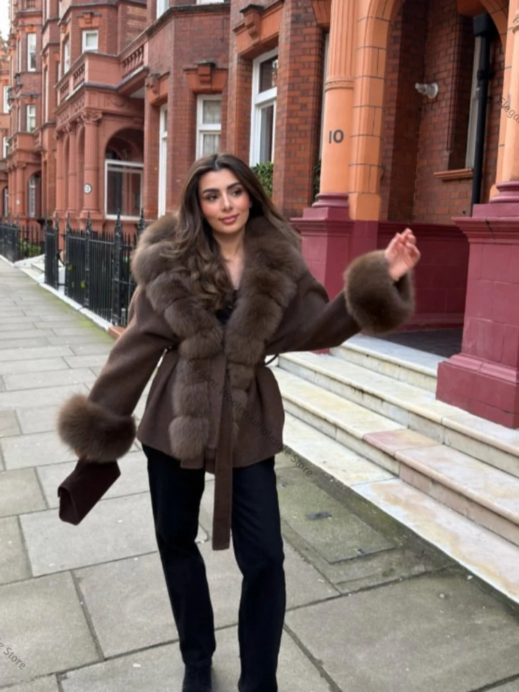 Echte Pelz-Wolljacke, Modische Echt-Pelzjacke für Damen, Natürliche Fuchspelz-Manschetten, Winterkleidung, Eleganter Damen-Wollmantel mit Gürtel