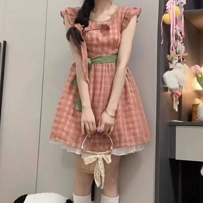 Versatile Sweet Plaid Dresses Women Korean Style Summer Bow Lace-up Flying Sleeve O-neck High Waisted A-line Short Dress Female