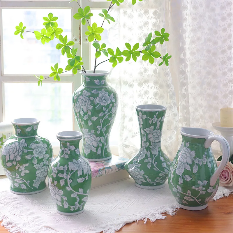 Jingdezhen blue and white porcelain vase, ceramic vase, new Chinese style green floral vase, hydroponic flower arrangement vesse