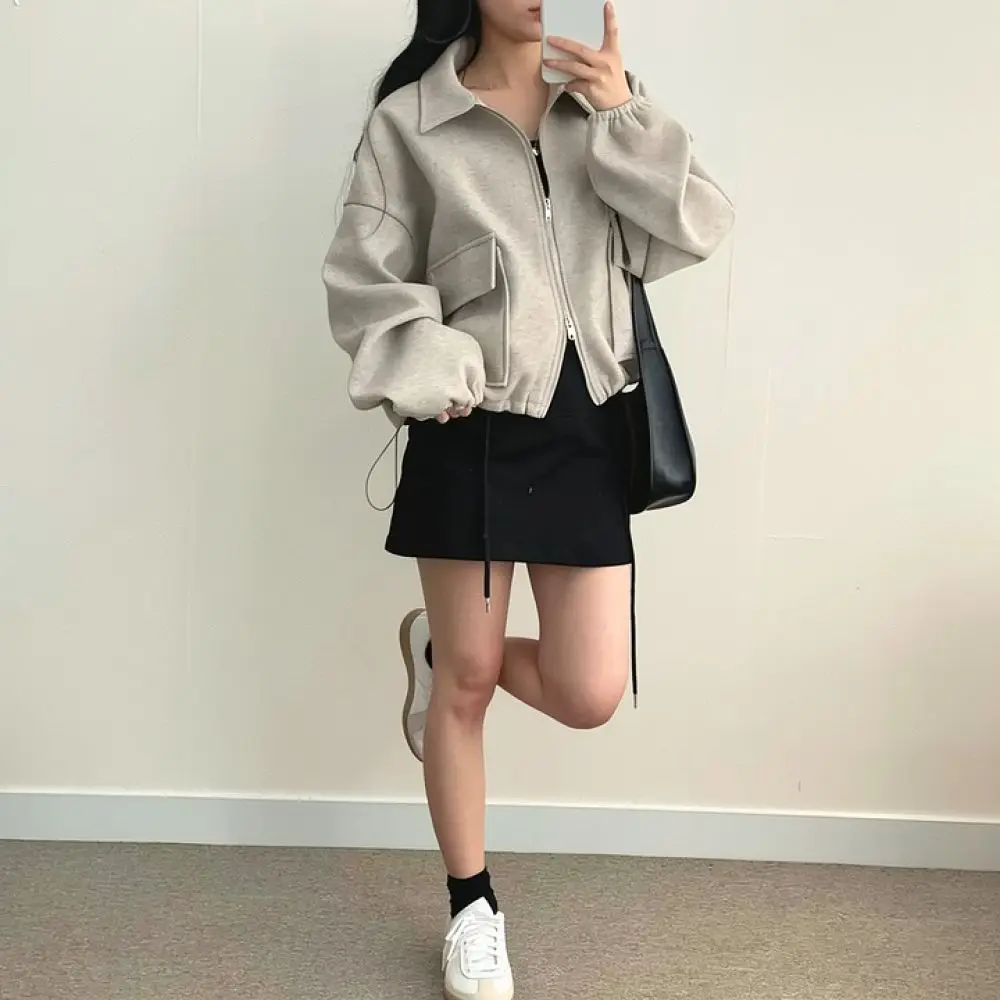 Fashionable Womens Short Coat Minimalist Style Loose Fit Zipper Jacket Drawstring Waist Design Long Sleeve Casual Top