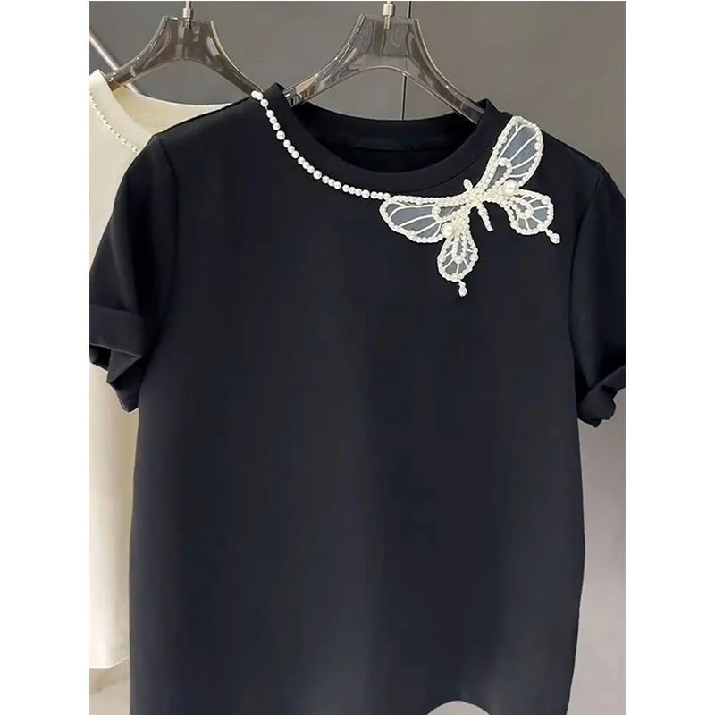 Bawełniane letnie koszulki z haftem Bufferfly Koronkowe koszulki damskie Casual All-match Diamonds Solid Color O-neck Short Sleeve Loose Top Tee