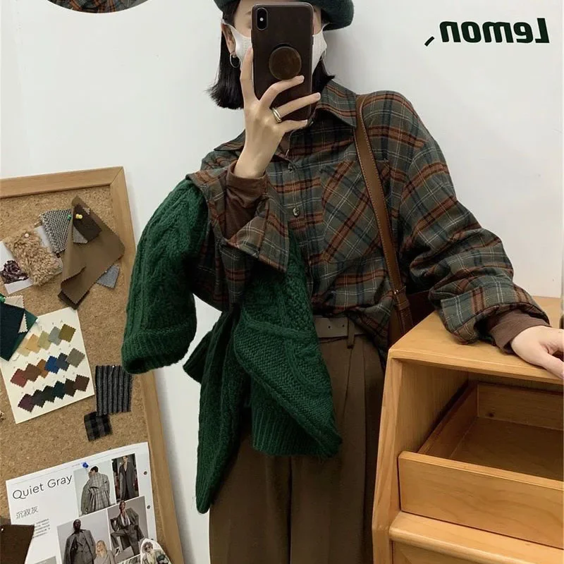 QWEEK Vintage Women\'s Plaid Shirt Oversized Blouse Korean Fashion Long Sleeve Top Female Elegant Green Spring Clothes Y2k Preppy