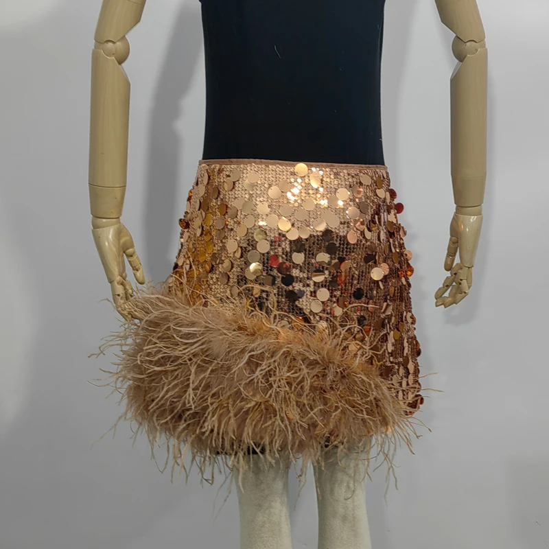 Women's sequined skirt length 38 centimeters plus 100% ostrich feathers shiny elegant short skirt high waisted mini skirt