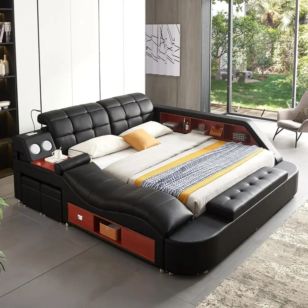 Multiunctional King Size Bed e, ern Luxury Smart Bed with Massage Recliner/Music Speaker/USB Port/Storage Ders, Adjustable Leath