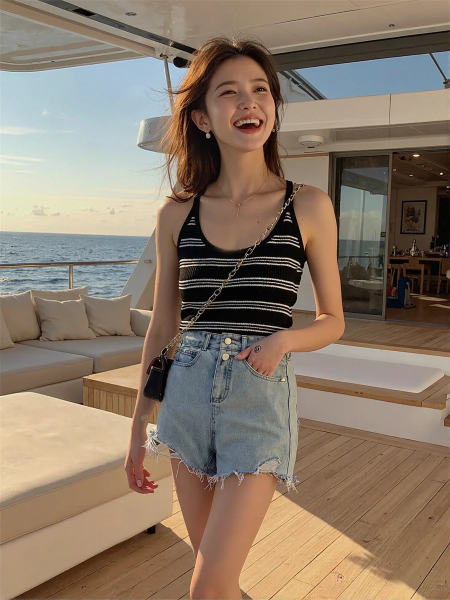 

Шорты женские с высокой талией и необработанным подолом Spodenki Letnie Damskie Mezclilla Boots Origin Knot Comfort Pants