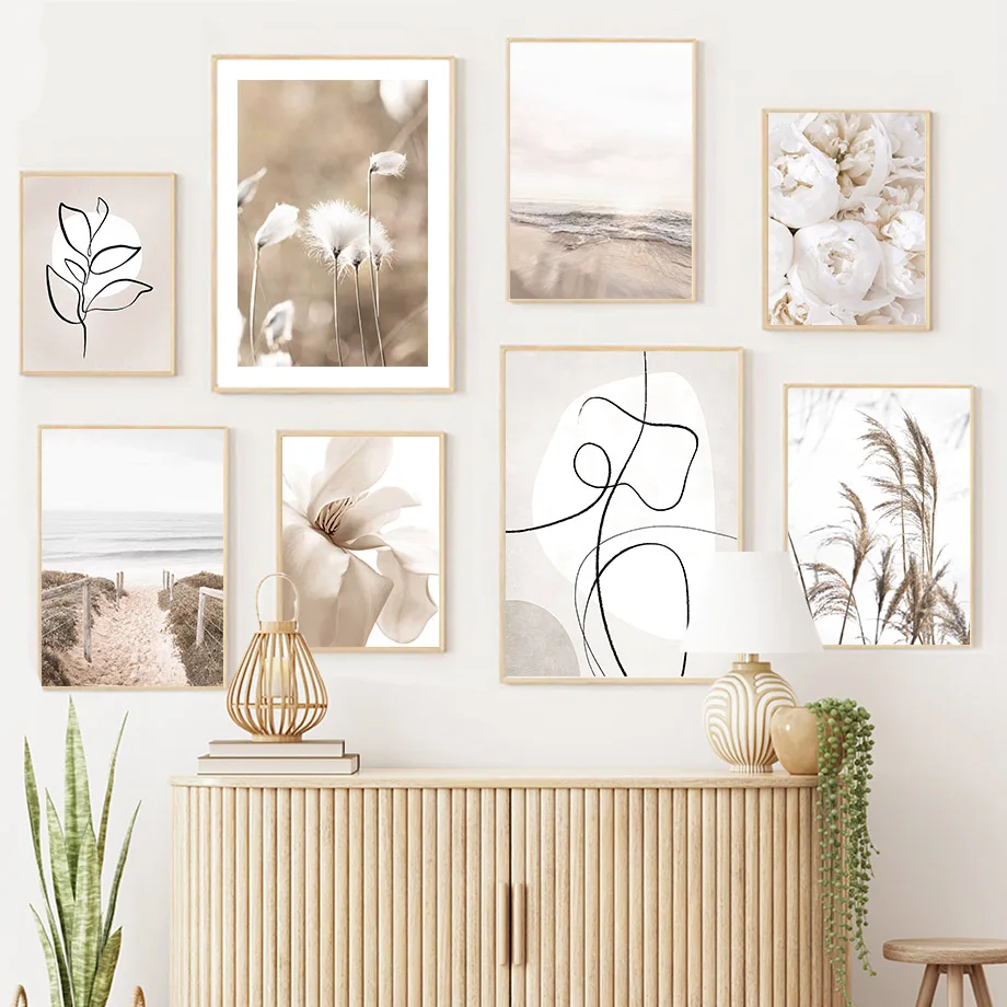 1PC Frameless  Abstract Lines Beach Reed Peony Flower Dandelion Wall Art Aesthetics Print Canvas Painting Posters for Living Roo