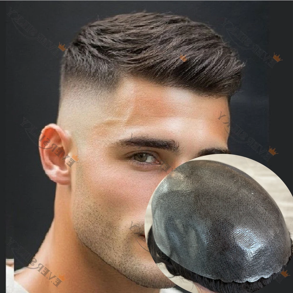 

100%Human Hair Dark Brown Men's Super Natural Hairline Toupee Gray Black 1b20Undetected Durable Thin Skin HD PU Base Cheap Prost