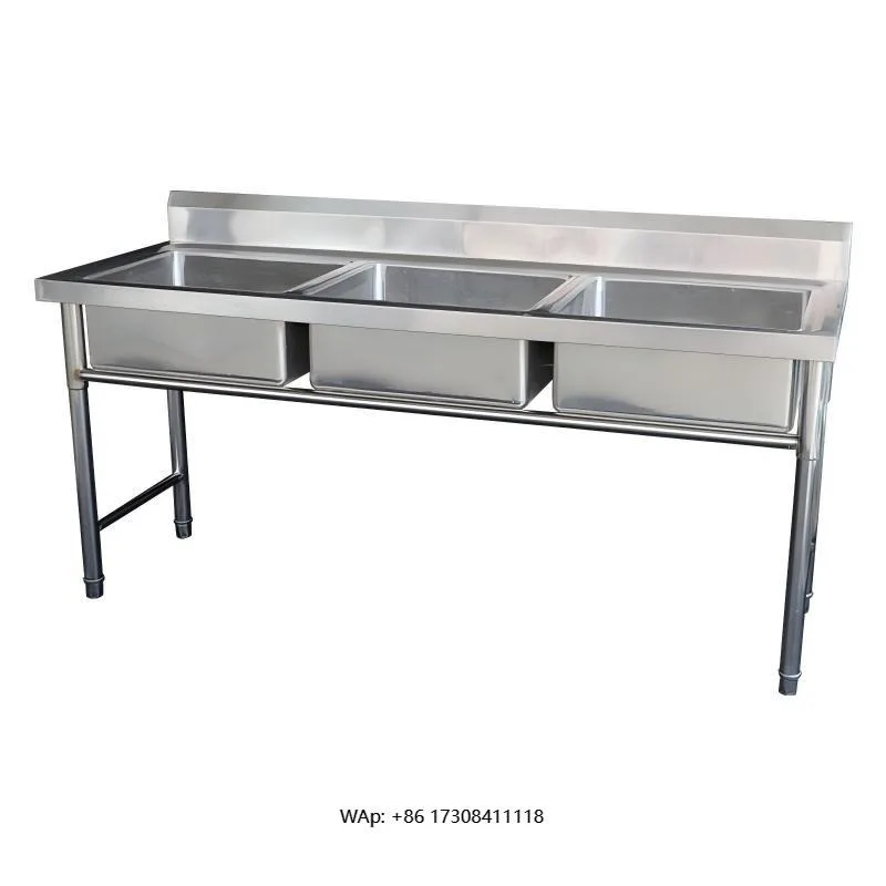 Stainless Steel 304 Three-Basin Sink with Round Legs Polished Finish, 1.0/1.2/1.5mm Thickness, for Kitchen & Food Processing