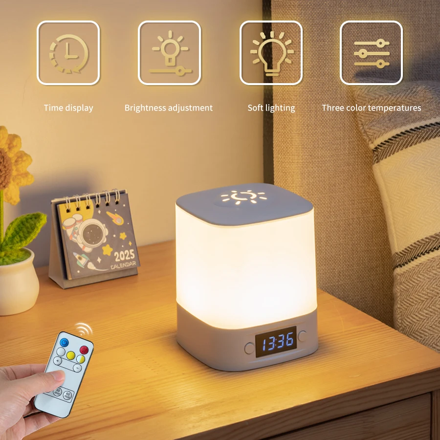 

Светодиодная настольная лампа USB перезаряжаемая с дисплеем времени, часы с сенсорной регулируемой яркостью, прикроватные лампы, ночник для декора детской спальни