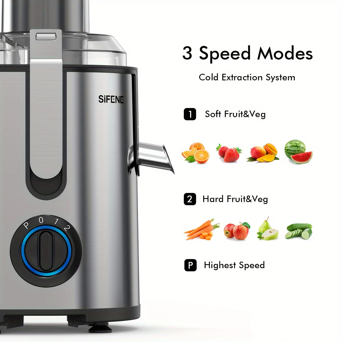 Máquina de espremedor de aço inoxidável Sifee, poderoso extrator, para frutas e vegetais inteiros, sem bpa, 1, 2 polegadas, 1000w