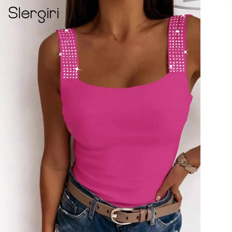 

Slergiri, женская сексуальная майка с открытой спиной и бриллиантами, лето 2021, новая мода, повседневный тонкий эластичный спортивный жилет на бретелях, женский топ