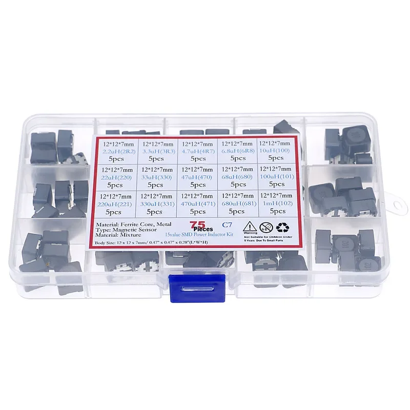75pcs/Box 12*12*7mm SMD Power Shielded Inductance Assortment kit 2.2/3.3/4./6.8/10/22/33/47/68//220/330-680UH 1mH