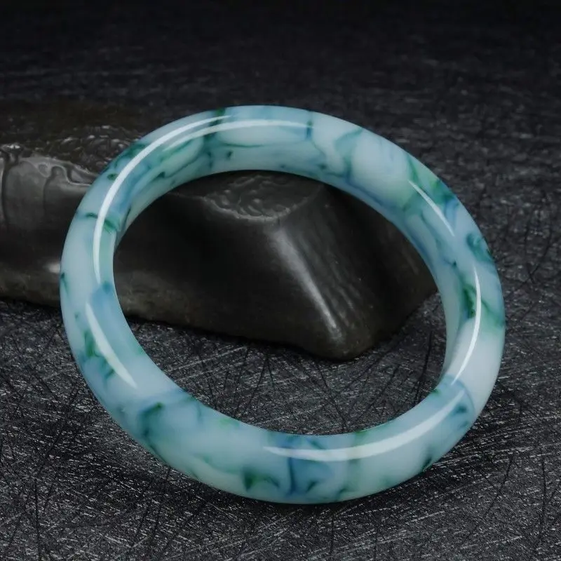 Blue and white bracelet floating blue flower wide jade bracelet
