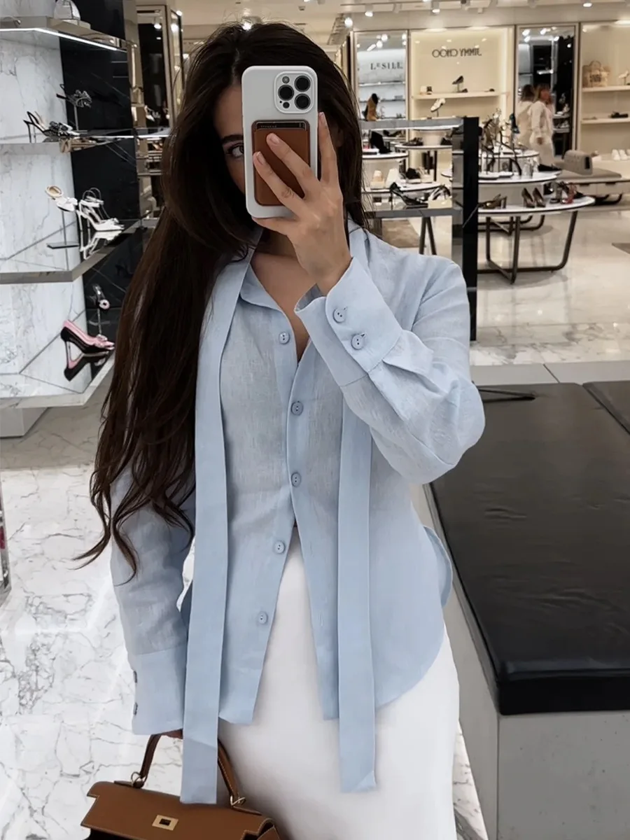 Women's Cotton Tie-Belt Shirt Blouse - Slim Fit Cardigan Top