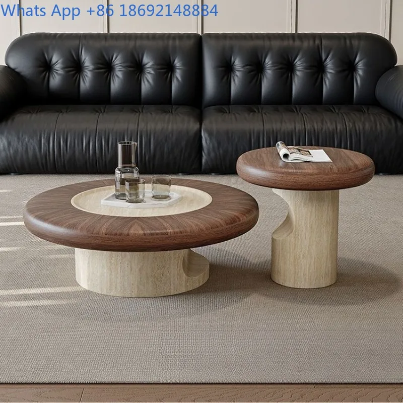 Modern Travertine Texture Coffee Table Living Room Home Round Vintage Style Solid Wood Light Luxury High-End Side Table Set