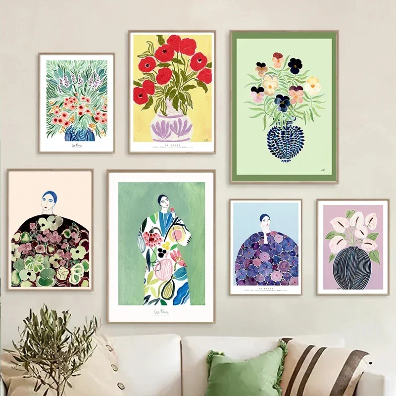 1PCS Frameless Canvas Painting Tulip Violets Vase Woman Coat Flower Posters Light Green Abstract Aesthetics Canvas Painting