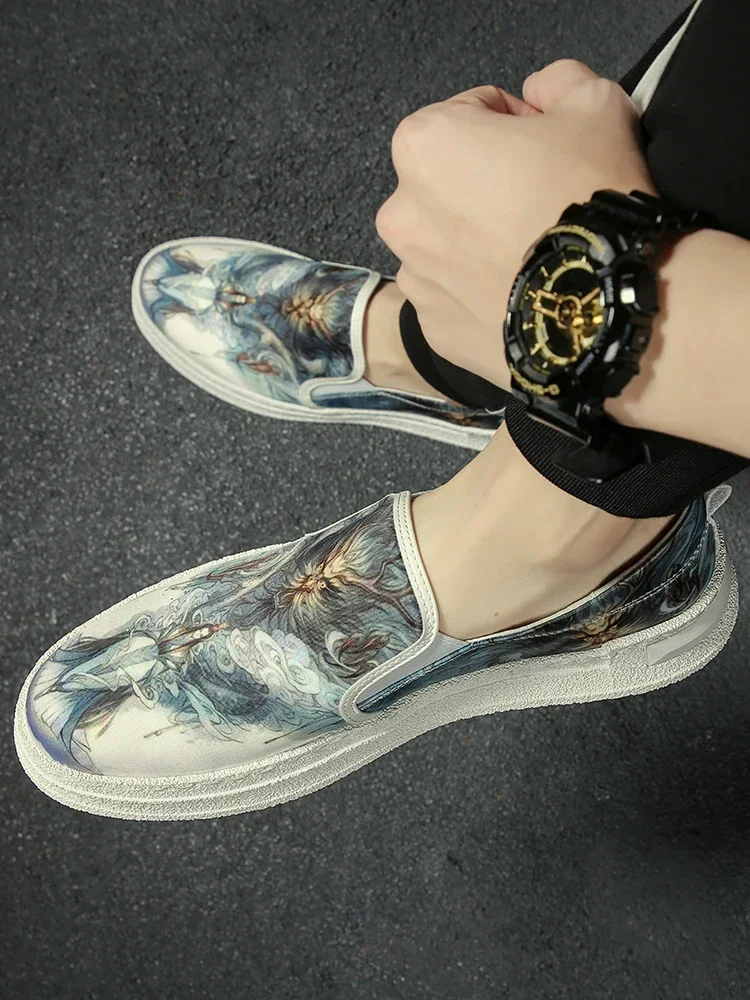 

2024 Summer New Men's Casual Shoes Chinese Style Printed Canvas Large Board Shoes