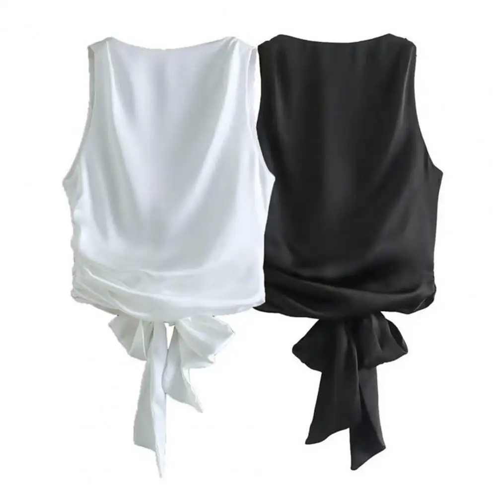 Women Top Elegant Satin Texture Vest Tops with Bow Tie Closure for Women Chic Summer Fashion Backless Style Commuter Look Solid