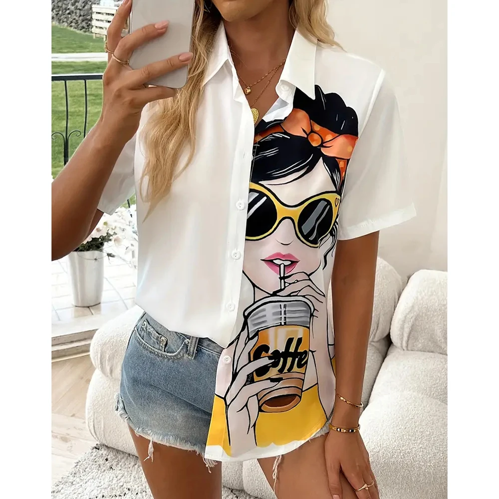 New Character Pattern Front Button Shirt Summer Women\'s Fashion Oversized Single Breasted Top Harajuku Daily For Office Lady