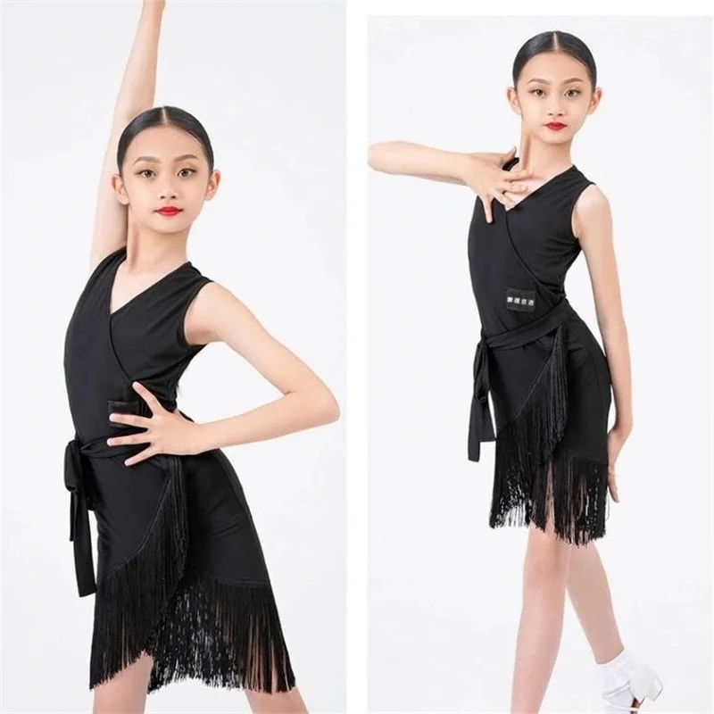 Vestido de baile latino sin mangas para niños, vestido de borla, ropa de práctica de competición para niñas, actuación de salón para niños, primavera y verano