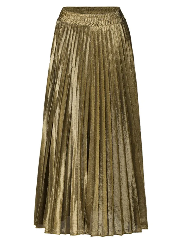 Spring Summer Elegant Pleated Maxi Skirt Women Elastic High Waist Golden Big Hem Skirt Slimming Skirt Work Leisure Travel Wear