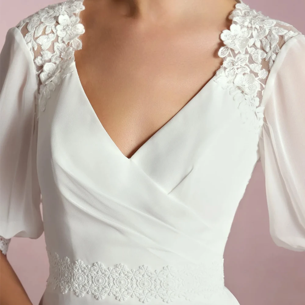 クラシック V ネックのウェディングドレス半袖ブライダル成長ジッパー背中の開いたカスタマイズされたアップリケレースシフォン新しい Vestidos デノビア