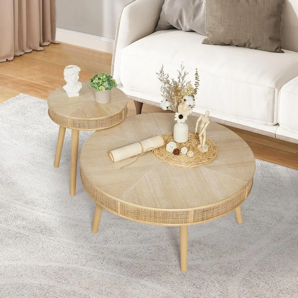armhouse Round Coee Table, Rustic Soa Side Tea Set, Natural | 2 Pack Nesting Center Unit with Handmade Rattan, Living Room rench