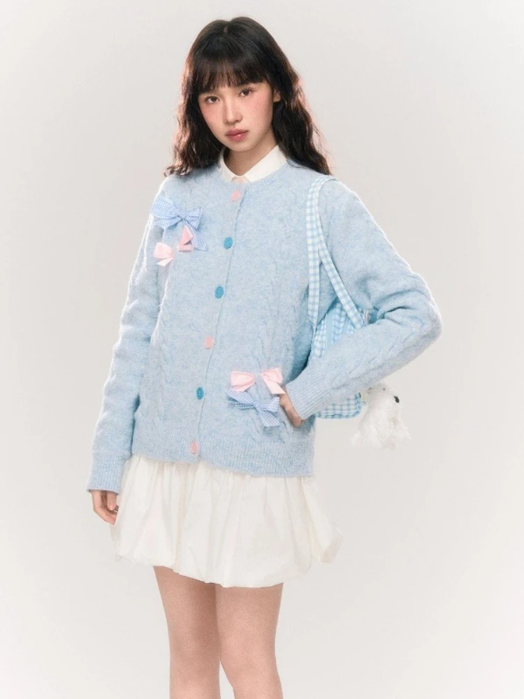 

Korobov Autumn Sweet Preppy Slim O Neck Long Sleeve Bow Solid Single Breasted Knitted Cardigan