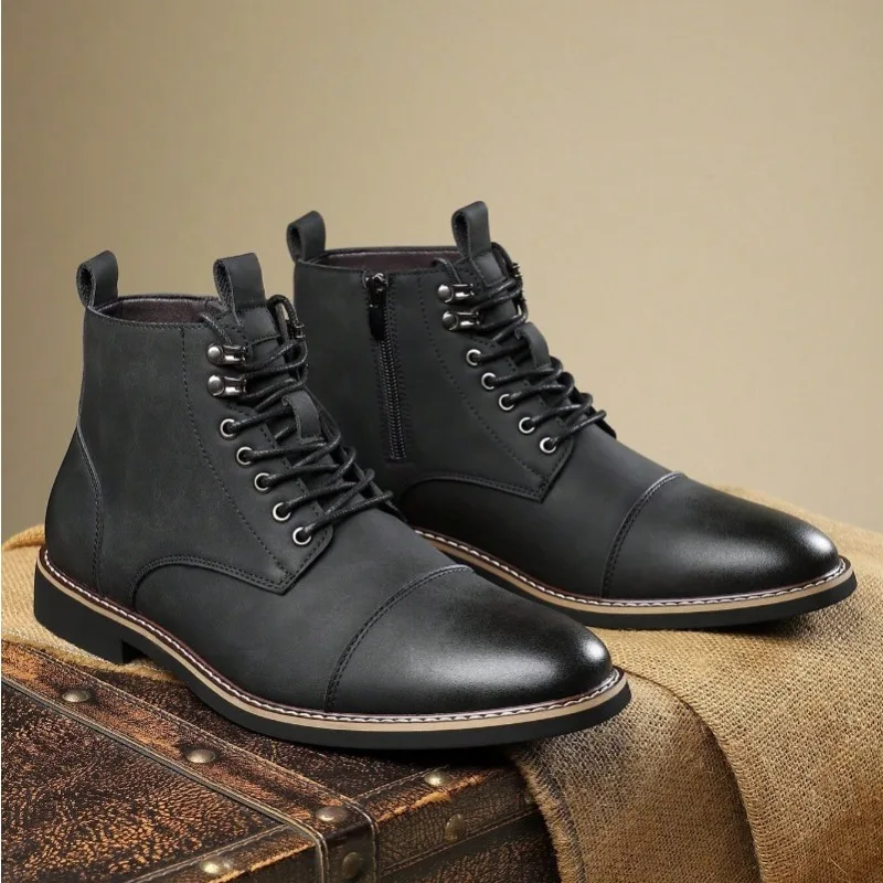 

Brand Men High-top Leather Boots Classic Chelsea Boots Lace Up Pointe End Ankle Boot Men's Business Dress Boots Botas Masculinas