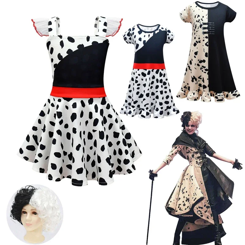 2024 New Movie Evil Madame Cruella De Vil Cosplay Costume Kids Gown Black White Maid Dress Fashion Polka Halloween Party dress