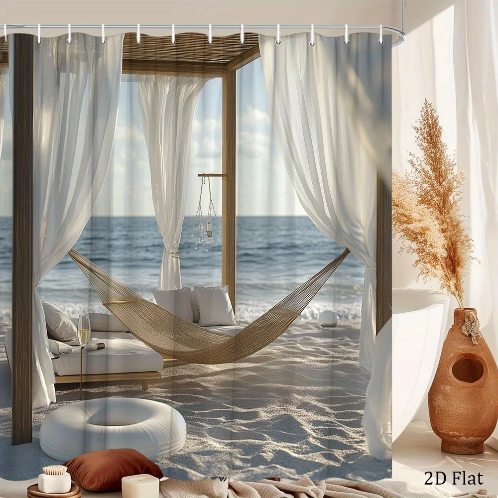

Beach Hammock Tropical Shower Curtain White Polyester Washable with 12 Hooks for Bathroom Decor