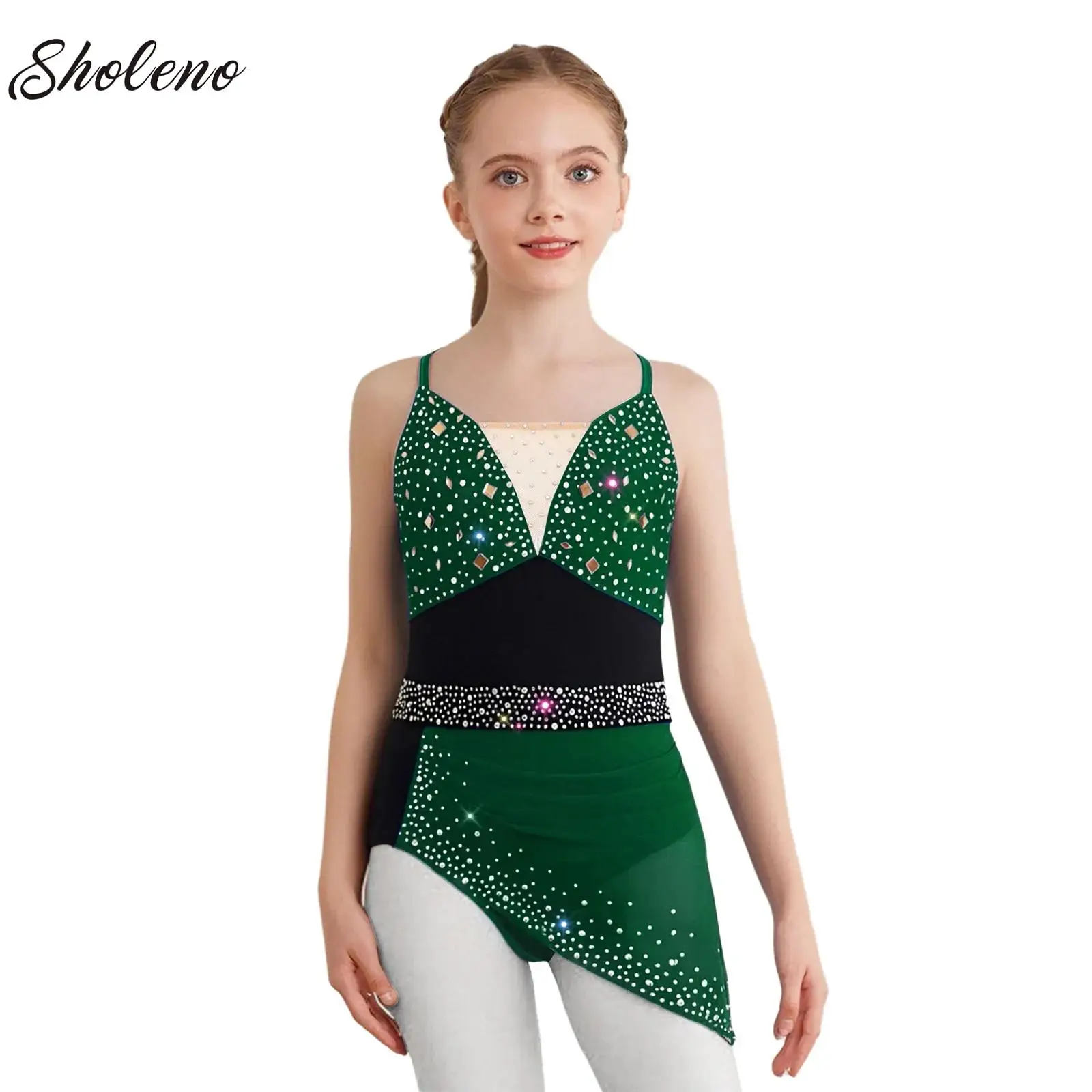 

Girls Kids Gymnastics Jersey Rhinestones Ruched Leotards Dress Artistic Figure Skating Ballet Lyrical Dance Performance Costume