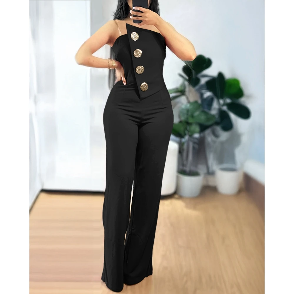 Elegant Asymmetrical Bandeau Strapless Metal Button Decor Jumpsuits for Women Casual Overalls