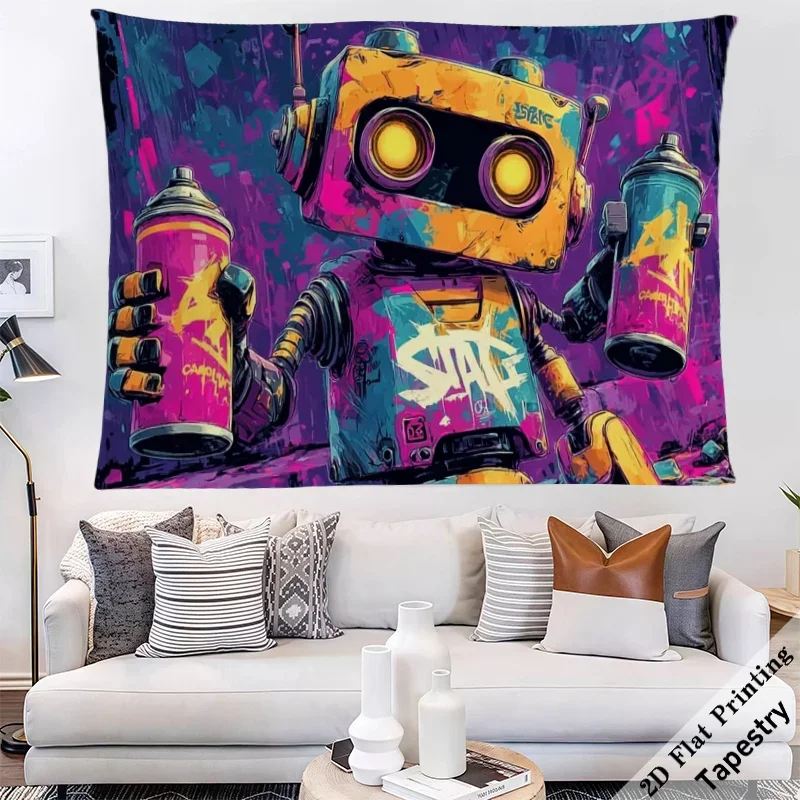 Pop Art Robot Graffiti Tapestry Wall Hanging Vibrant Retro Sci Fi Mural Room Decor Aesthetic Art