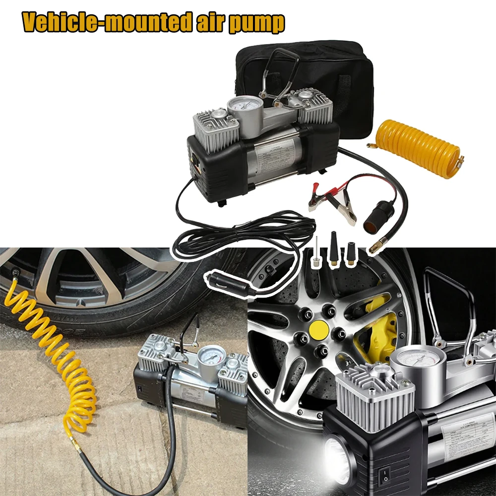 

Автомобильный насос для шин 12В 500PSI, металлический, двухкамерный, с LED-подсветкой, 70 л/мин, портативный, легкий, для надувных матрасов и плавательных кругов