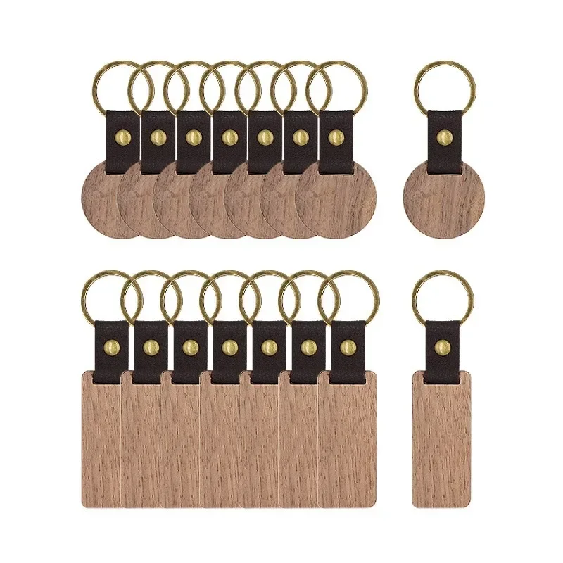 

2pcs Wooden Keychain Blanks Leather Keychains Unfinished Wood Key Tag Key Ring Wood Engraving Blanks for DIY Crafts