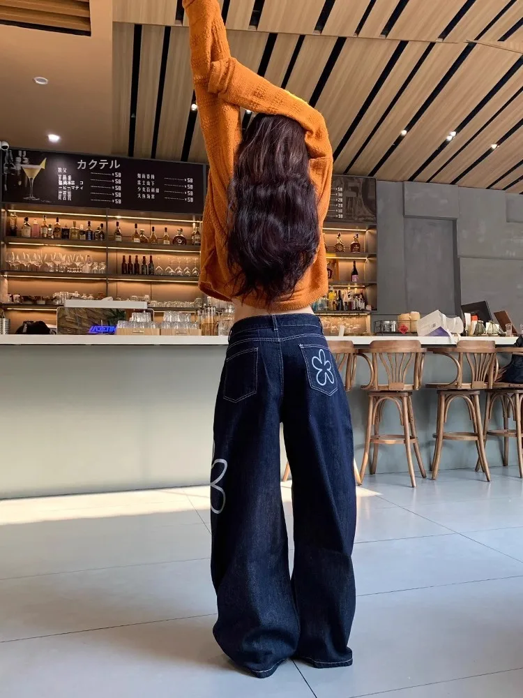 Retro American Floral Print Wide Leg Jeans Women's Loose Fit Distressed Denim Pants Autumn New Style Slimming Individualized
