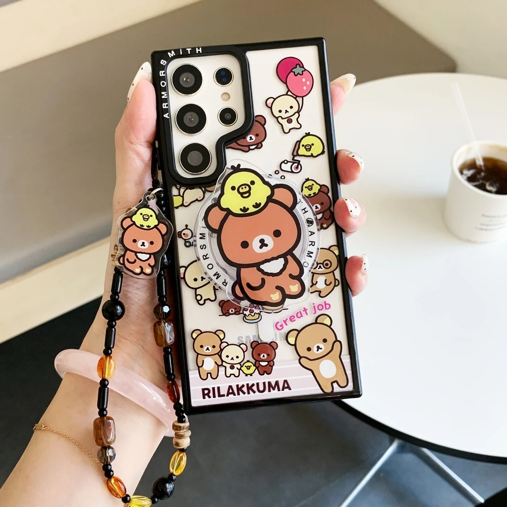 Cute Cartoon Rilakkuma Bear Magnetic Holder Magsafe Wireless Charge Phone Case For Samsung Galaxy S26 25 24 23 Ultra Puls Cover view 3