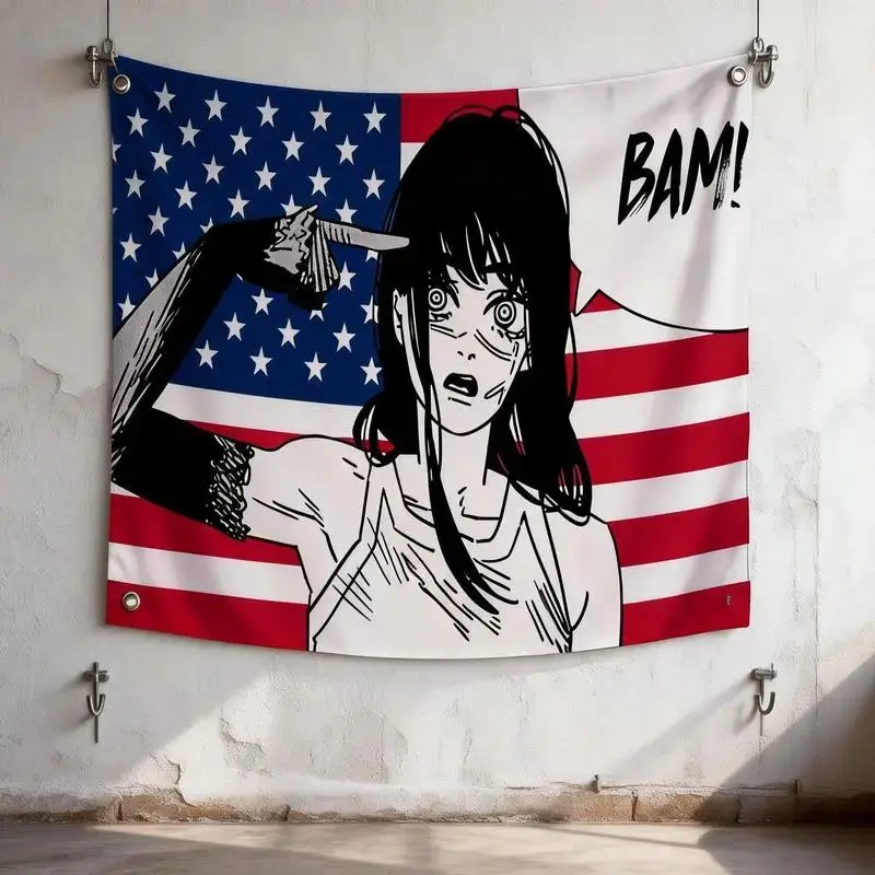 Anime Girl Against the Knife BAM Wandteppich mit amerikanischer Flagge, Action-Wandkunst für Schlafzimmer, Wohnheim, Musik, Esports-Raum – Detail 2