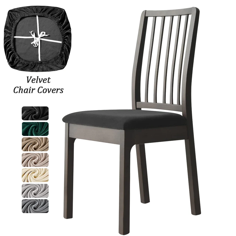 1pc Velvet Chair Cover Elastic Soft Fit Dining Room Chair Seat Cover Washable Removable Slipcover Protector with Straps Kitchen