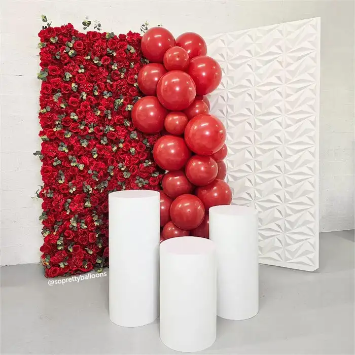 Custom series luxury 3D red rose green leaf roll fabric artificial plant flower wall outdoor wedding background scene decoration