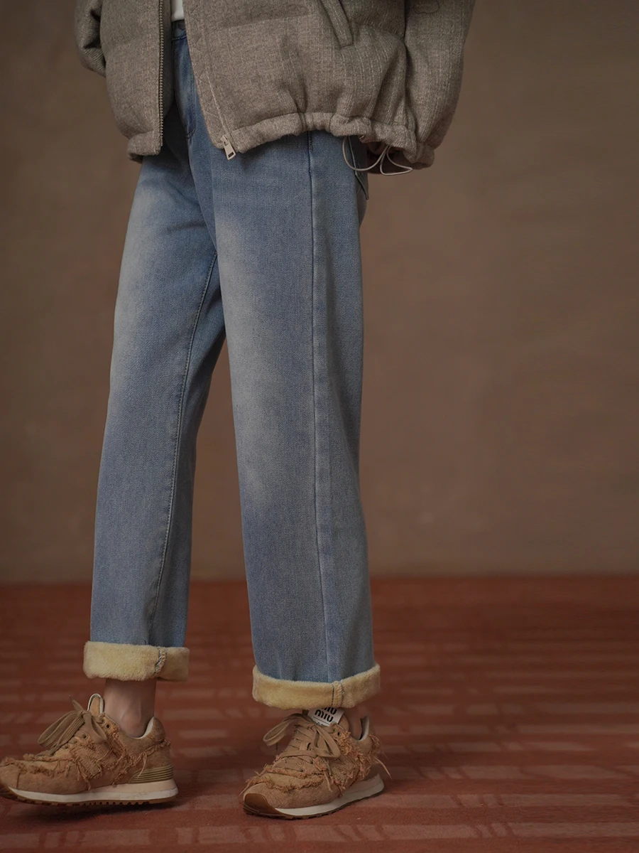 

High Waist Straight Leg Fce Lined Silver Velvet Jeans Quali Waed Denim Casual Pants for Women by Hacikis